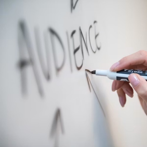 white board with the word "audience" on it signaling where a local presense and visibility is important at page seven marketing.